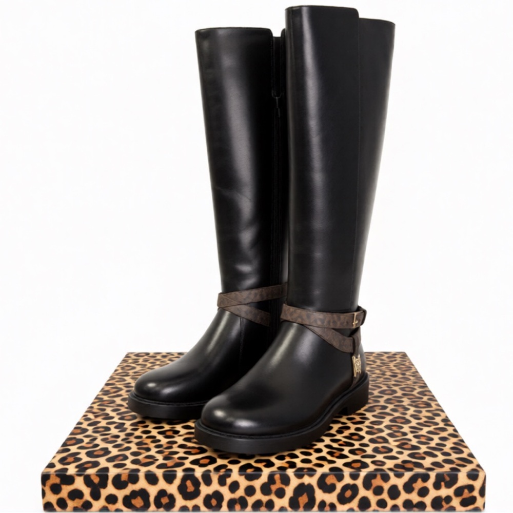 MICHAEL Michael Kors Womens Riding Boots Leather Abigail Black Brown Gold 6 1/2